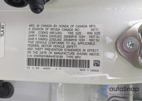 2017 Honda Cr-V Ex-L/Ex-L Navi from USA, damaged, VIN 2HKRW1H84HH516169